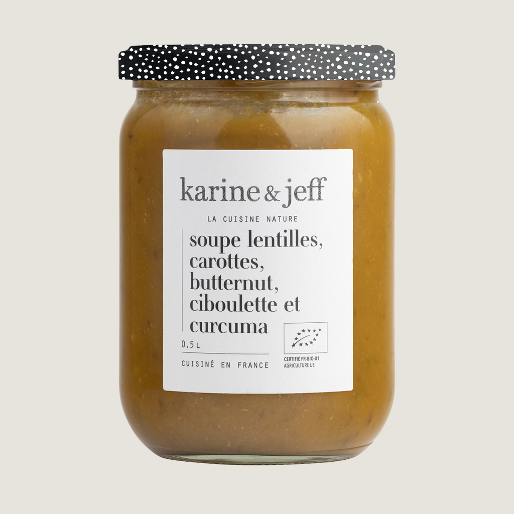 Soupe lentilles, carottes, butternut, ciboulette et curcuma, recette bio Karine & Jeff