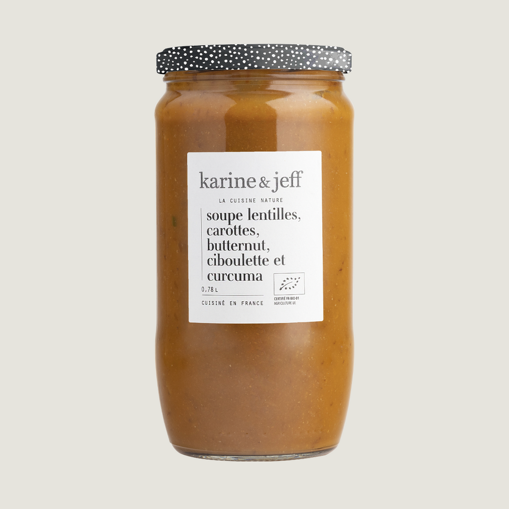 Soupe lentilles, carottes, butternut, ciboulette et curcuma, recette bio Karine & Jeff