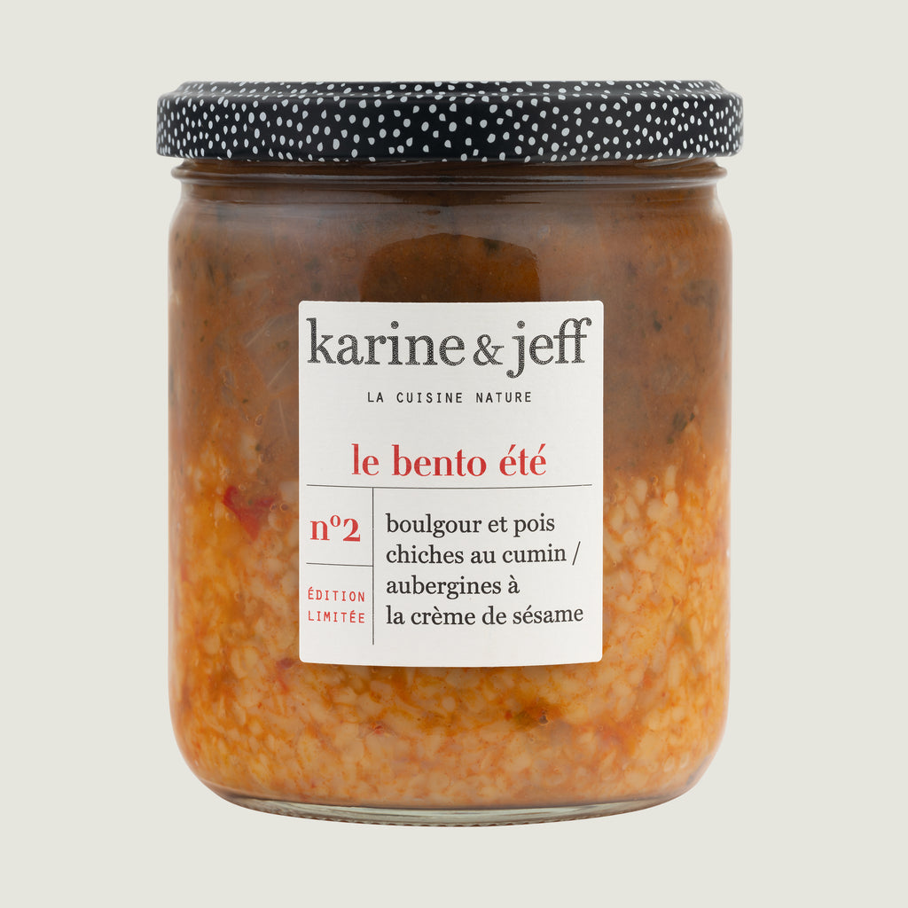 Bulgur en kikkererwten met komijn/aubergine met sesamcrème