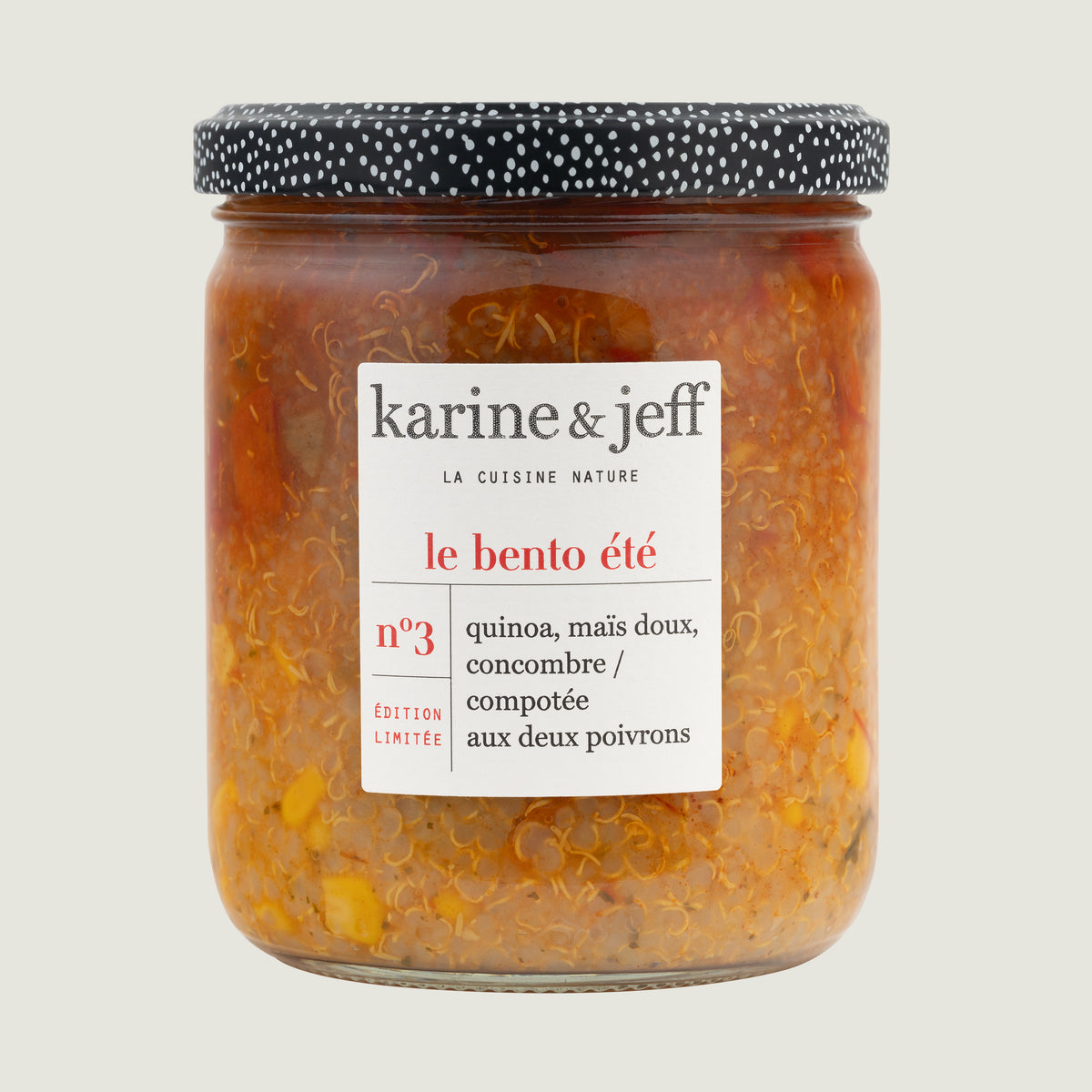 Quinoa, zoete maïs, komkommer/tweepaprikacompote