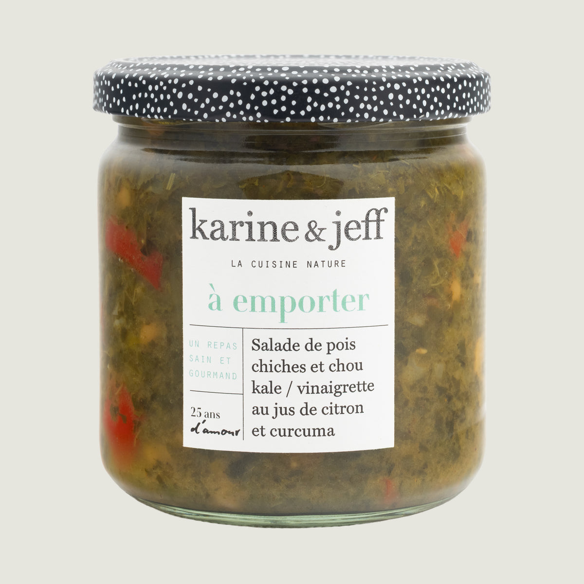 Salade de pois chiches et chou kale / vinaigrette au jus de citron et curcuma, recette bio Karine & Jeff