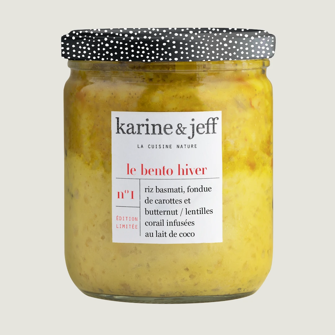 Basmatirijst, fondue van wortel en butternut / rode linzen met kokosmelk