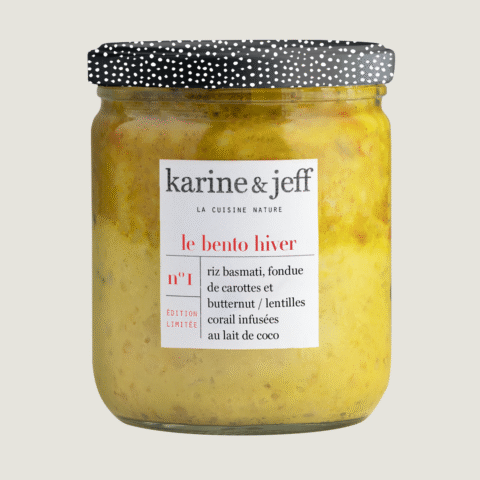 Riz basmati, fondue de carottes et butternut / lentilles corail infusées au lait de coco